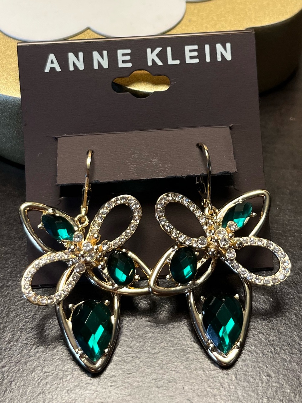 Anne Klein Gold-Tone Green Crystal Floral Drop Earrings nwt